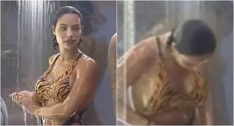 A Fazenda 13: Ao tomar banho, Aline Mineiro foi descuidada, mostra demais e foi censurada pela Record; Vídeo