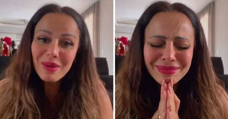 Viviane Araújo chora enquanto segura o filho nos braços e faz advertência ao recém-nascido