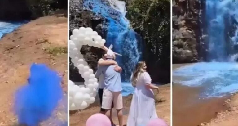 Vídeo: Chá revelação tinge cachoeira de azul, gera revolta na internet e vira alvo de apuração!