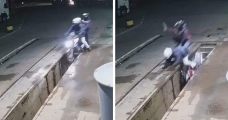 Vídeo: Após assalto, bandidos caem em vala de posto de gasolina durante fuga