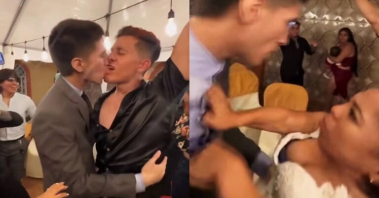 Homem beija o noivo em festa de casamento, noiva parte para cima dos dois e momento viraliza