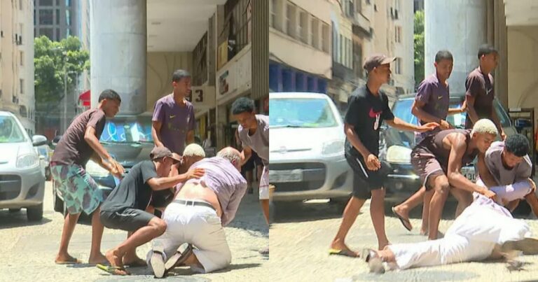 Durante assalto, idoso é jogado no chão e luta contra 6; vídeo