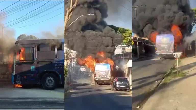 Vídeo mostra ônibus pegando fogo após suposta pane mecânica na Grande BH