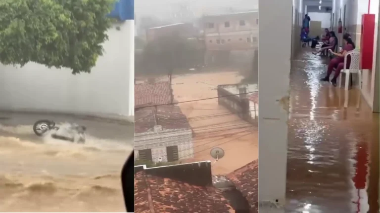 Vídeos mostram chuvas alagando hospital e ruas no interior da Bahia