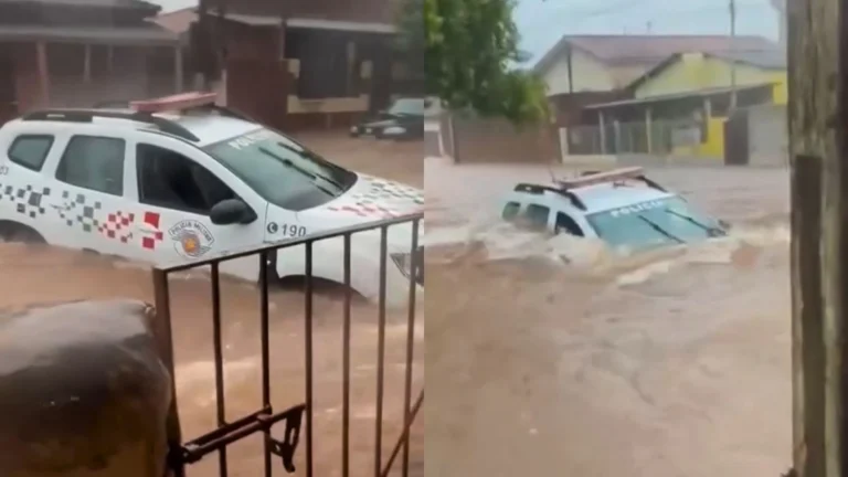 Vídeo: Viatura da PM é arrastada por enxurrada após chuva no interior de SP