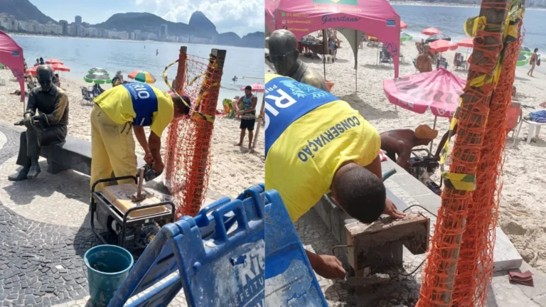 Turista tenta quebrar coco e danifica estátua de Drummond em Copacabana