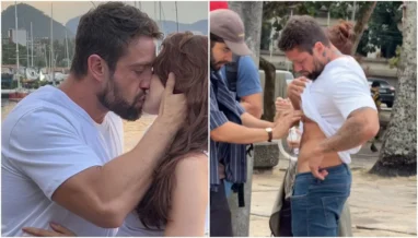 Rafael Cardoso volta aos trabalhos e dá beijão em atriz após reabilitação